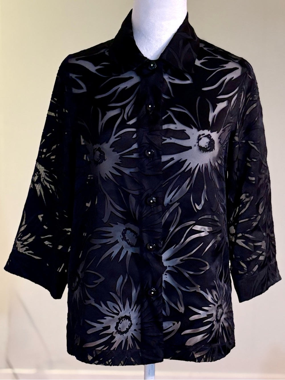 Black Organza Jacket with Sheer Flower Design & Rhinestone Buttons, Petite 6